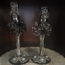 Pair Clear Textured Glass Floral Candle Holders for Taper Candles picture