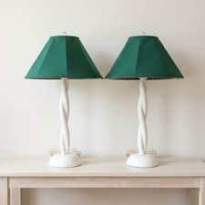Vtg Olympia Table Lamps Dual Light Push Button White Green Shades Condo Beach picture