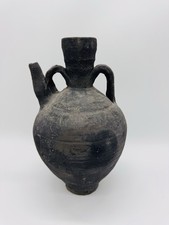 Vintage Earthenware Clay Ewer For Oil Grains Water Jug Vessel Black Rustic 12” picture