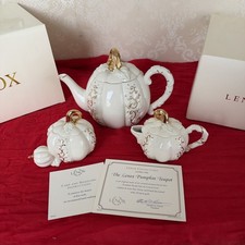 Lenox Golden Harvest Fall Pumpkin Teapot Set Creamer Sugar Bowl Ivory Gold 2004 picture