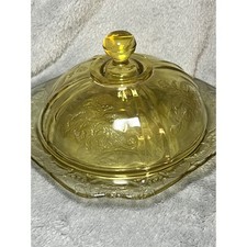 Vintage Amber Depression Glass Butter Dish Lid Floral Etched 7 Inch Uranium picture