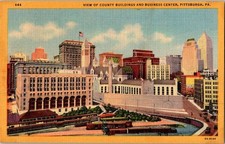 Pittsburgh PA County Buildings Business Center Skyline Linen Postcard 1930s picture