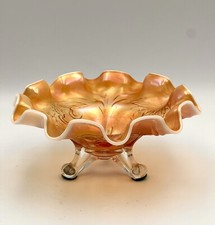 Beautiful Vintage Dugan 3 Footed Marigold Carnival Glass Cherries Scalloped Bowl picture