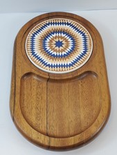 Vintage 1970’s Oval MCM Wood Trivet Or Charcuterie Board W/Round Geometric Tile picture