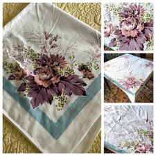 VINTAGE LAVENDER FLORAL W/ BLUE  COTTON TABLECLOTH SMALLER SIZE - 36