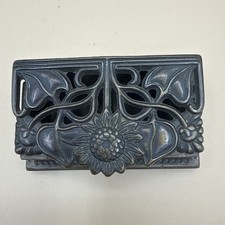 Antique Brass Hinged Stamp Box- Floral Lid ~3½