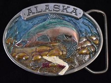 Alaska Salmon Fly Fishing Fisherman Vintage Enameled Pewter Belt Buckle picture