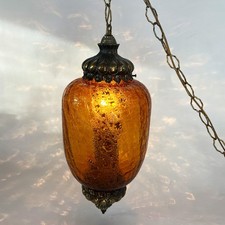 Vintage Amber Glass Pendulum Hanging Swag Lamp Lighting Hollywood Regency picture