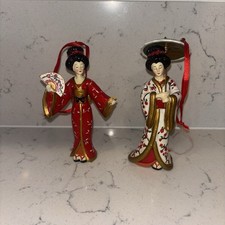 Vtg Geisha Christmas Ornaments Set 2 Japanese Kimono Fan Umbrella Resin Ornament picture