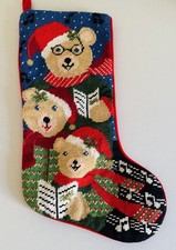 Vintage Wool Needlepoint Christmas Stocking 3 Caroiling Singing Bear  picture