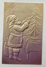 Vintage 1900s Christmas Postcard SANTA CLAUS DECORATING TREE Embossed Undivided picture