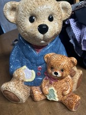 Vintage Cresco China Papa & Baby Bear Ceramic Cookie Jar Blue Sweater Retro picture