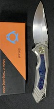 SixLeaf Folding Knife Gray/Blue Titanium/TiDamascus Handle 14C28N SL-100-Tima picture
