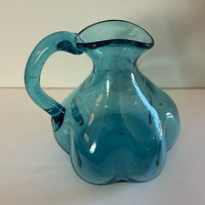Blue Hand Blown Glass Pitcher w/ Handle, Pour Spout, Glossy Finish, 5 in picture