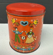 Vintage Metal Tin Dutch Scenes Tulips Hearts Orange Red Colorful Retro MCM picture