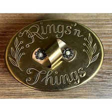 Vintage Gold Tone NYC Rings n Things Brass Trinket Box Red Velvet Lining Oval picture