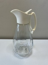 Clear Glass Syrup Dispenser White Plastic Lid Sunburst Design on Bottom 7.5