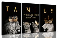 Ryzqubf 3Pcs Framed Lion Family Canvas Wall Art Lion King And Queen Gold Crown picture