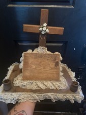 Vintage Wooden Alter Bible Holding Cross And Candle Sticks picture