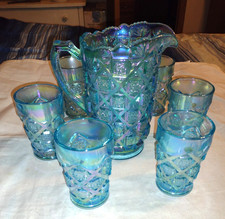 WESTMORELAND ICE BLUE CARNIVAL OLD QUILT CHECKERBOARD SET PITCHER AND 6 GLASSES picture