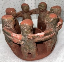 Vtg Large Pottery Clay Candle Holder- Circle of Friends 7 Aztec Mayan Dancers picture