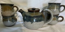 McMaster Pottery Teapot and 4 Cups Green/Gray Glaze , Good Condition picture