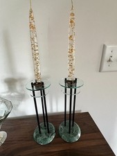 1980s Postmodern Pair of Milano Series Candlesticks Green Marble Memphis Style picture