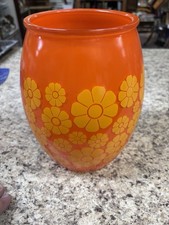 Vintage Midcentury Bartlett Collins Glass Cookie Jar Orange with Yellow Daisies picture