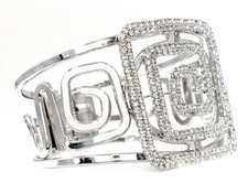 Modern Silver Tone Pave Crystal Cuff Bracelet Square Spiral Greek Key Cutout NEW picture