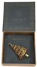 Monet Brooch Christmas Tree Gold Tone Rhinestone 2.5 inch - New in Box picture