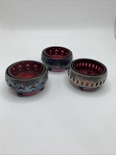Victorian Czech Glass Cranberry Round Salt Dip in Metal Frame c.1890 Set Of 3 picture
