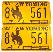 Wyoming 1983 License Plate Set Vintage Auto Platte Co Cave 8 561 Decor Collector picture