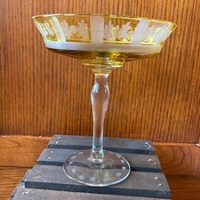 Vintage Yellow Glass Pedestal Footed Bowl Compote Art Deco Etched Frosted Design picture