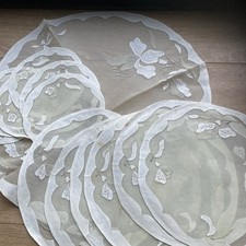 Antique Vintage cream 6x place 6x drinks mats + large mat Linen organza Madeira  picture