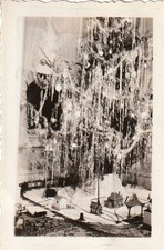 Vintage Photo 1937 Christmas 1936 Tinsel Tree Model Train Track Scene Buildings picture