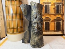 Vtg Hand Carved Native American Face, Clay Log flower vase - Original Rare find  picture