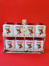 VINTAGE MCKEE TIPP CITY CHERRIES MILK GLASS 8 PIECE SPICE SHAKER SET  TILT RACK picture