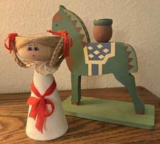 VINTAGE TWO WOODEN SWEDISH CANDLE HOLDERS’ WOODEN ANGEL AND HORSE BOTH SIGNED picture