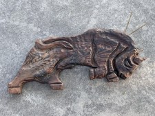 Vintage WITCO / Style WALL ART BULL MCM Carved Burnt Wood Brutalist Tiki 35x15 picture