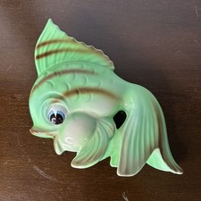 Vintage Lefton Fish Wall Pocket  Mint Green With Brown Strips Planter 1950’s picture