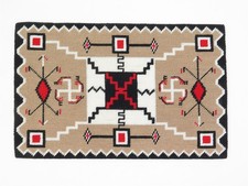Vintage Needlepoint Rug w/ Navajo Storm Pattern Red, Black White 17