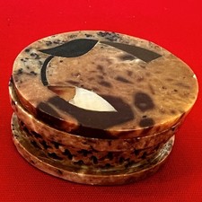 Vintage Oval Soapstone Trinket Box Floral Mother of Pearl Inlay Lattice India picture