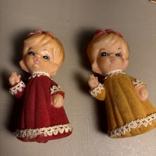 Pair ofVtg Christmas Ornament Plastic Doll Angels Gold and Red NO Wings Soft Bow picture