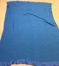 Blue Satin Trimmed Waffle Weave Blanket Twin Vintage Bright Blue 70x90in picture