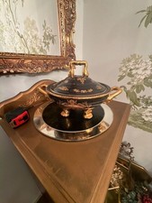 W.T. Fine Porcelain Limoges Tureen Black Gold Hand Painted Footed picture