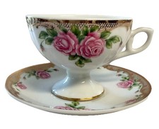 Lefton VTG Footed Demitasse Cup & Saucer Bone China Roses Gold Trim Hand-painted picture