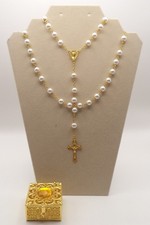 Vintage Faux Pearl Rosary Gold Tone Ornate Filigree Trinket Box Set 24