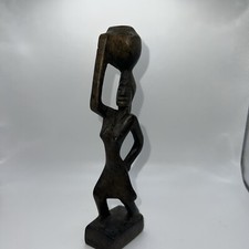 VTG Hand Carved Wood Woman Carrying Water Jug Statue Figurine Primitive Tribal picture