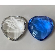 Pair Blue & Clear Heart Shape Paperweight Cut Glass Gemstone 978A picture