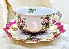  Antique MZ Austria Teacup Saucer Pink Roses Magenta Scalloped Porcelain Gold picture